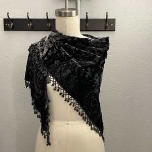 Beaded Velvet black and Grey Shawl with Beaded Trim, Triangle Wrap Elegant